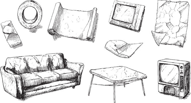 Hand drawn sketch of vintage furniture and objects including a sofa, televisions, and a scroll drawing