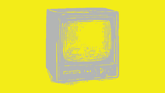 Gray retro television set with screen on bright yellow background vintage