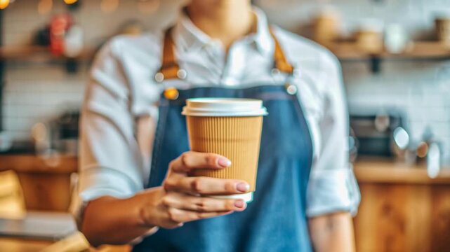 Coffee cup takeaway barista hand cafe paper disposable warm drink hot beverage lid corrugated sleeve coffee shop counter blurred background bokeh morning routine serving hospitality