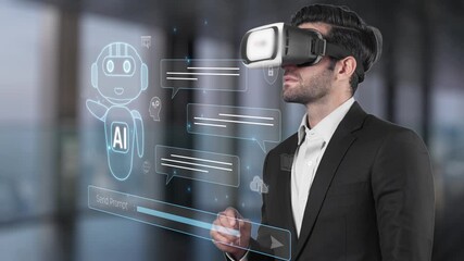 A businessman wearing a virtual reality headset interacts with an AI assistant in a sleek office, showcasing the future of digital communication and innovative technology. Raster - Powered by Adobe