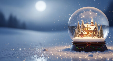 Enchanting Snow Globe with a Miniature Lit-up Winter Village and Christmas Trees, Set on a Snowy Ground Under a Full Moon and Dark Blue Sky, Capturing a Magical and Dreamy Winter Night Scene