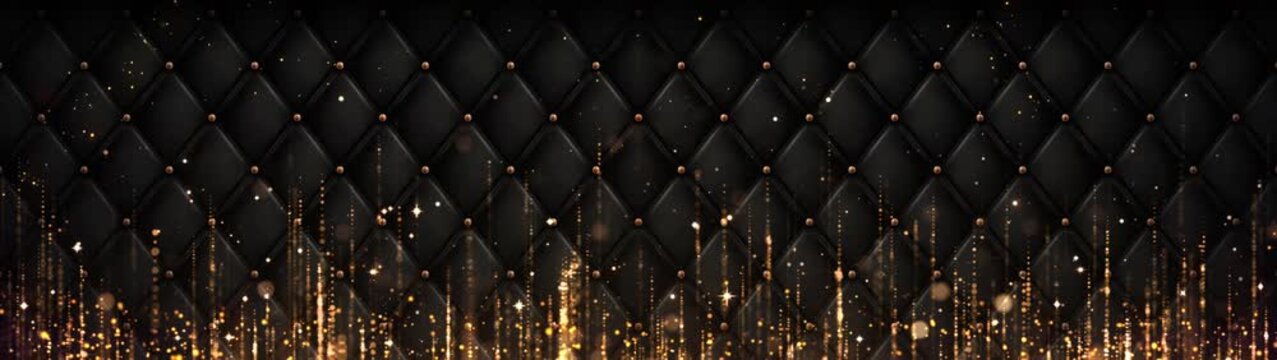Black Luxury Tufted Upholstery Background with Rising Golden Glitter and Bokeh Sparks