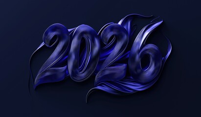 3D lettering of 2026 in navy blue on a dark background with elegant modern style and flowing curves for festive events