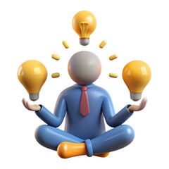 Stylized person meditating with light bulbs symbolizing ideas and innovation, isolated on transparent background