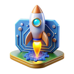 A 3d illustration of a rocket launching with a glowing engine, set against a blue circuit board background, isolated on transparent background