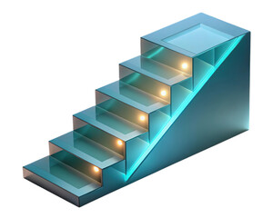 A modern staircase made of transparent blue glass, with illuminated steps, ascending upwards, isolated on transparent background