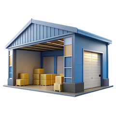 Modern blue storage unit with open garage door and stacked boxes inside, isolated on transparent background