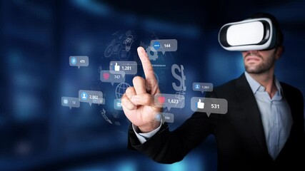 A businessman immerses in a virtual reality experience, interacting with digital metrics and social media visuals, showcasing modern technology in a corporate setting. Raster - Powered by Adobe