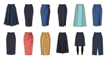 A diverse collection of women's skirts and pants in various styles, including pleated, wrap, pencil, and wide-leg designs, illustrated on a plain background.
