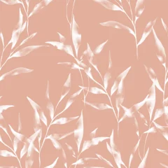 Gordijnen Bladeren Botanical seamless pattern featuring leafy branches in translucent white tone on a muted coral background  © momosama