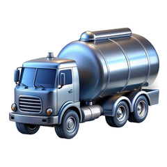 A metallic silver tanker truck with a large cylindrical tank, isolated on a transparent background