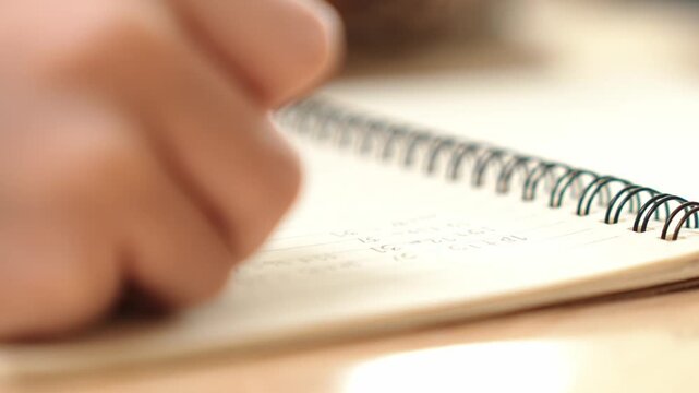 Close up of child hand taking a note or writing a letter at classroom. Happy student hands hold pen at book or doing homework or doing test at elementary school. Focus on hand. Education. Pedagogy.
