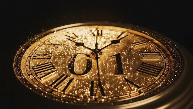 Golden clock face with Roman numerals and a countdown from five to zero, culminating in a bright explosion of light and sparks.