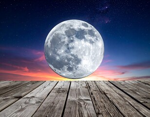 A full, bright lunar orb poised above an evening sky and a wooden deck