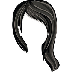 A dark brown wig with highlights styled in a side swept manner for fashion and beauty purposes against a white background