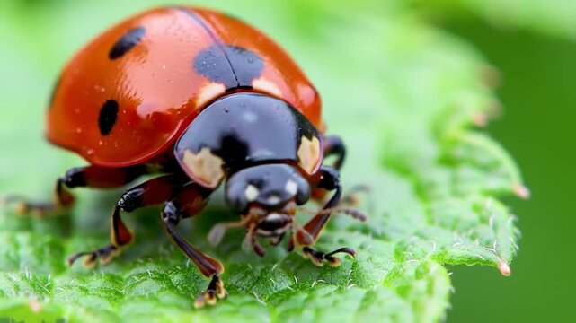 Charming ladybug life cycle on vibrant green leaf, macro shot, nature's tiny world revealed