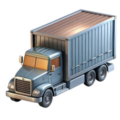 A 3d render of a blue semitruck with a cargo trailer, isolated on transparent background