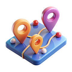 A 3d representation of a map with colorful location pins and spheres, illustrating navigation, travel, and destination isolated on transparent background