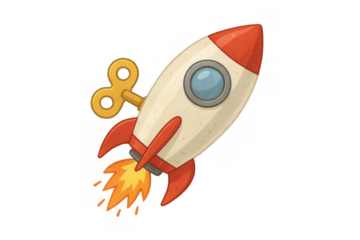 Wind-up rocket toy launching, traveling to space or exploring new frontiers, having motivation and ambition