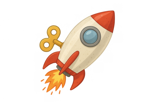 Wind-up rocket toy launching, traveling to space or exploring new frontiers, having motivation and ambition