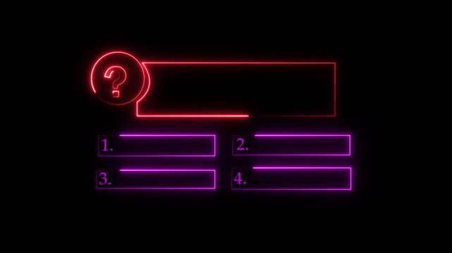 Quiz Neon Line Animation with option selection on black background Quiz Animation template, question and test menu choice quiz show question and answers with option.