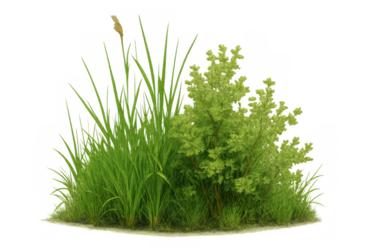 Green grass and shrub with small leaves growing, natural vegetation, transparent background