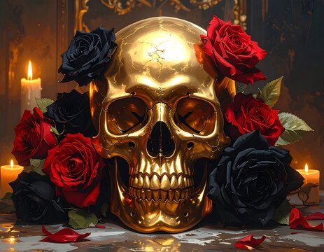A golden skull surrounded by red and black roses in candlelight