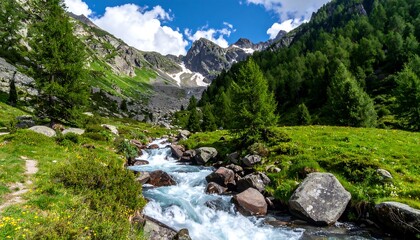 A flowing mountain stream surrounded by lush greenery and towering peaks