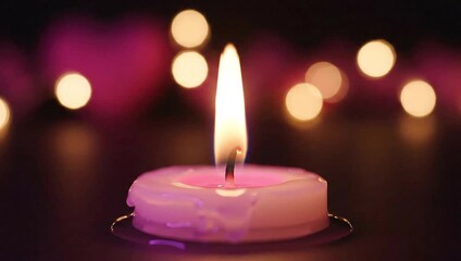A single pink candle burns brightly in the dark, with bokeh lights in the background creating a festive and warm atmosphere. - Powered by Adobe