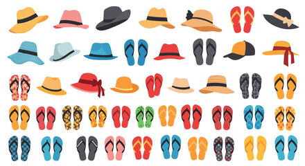A colorful collection of diverse summer hats and flip-flops, perfect for beach vacations and warm weather leisure.