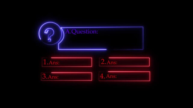 Quiz Neon Line Animation with option selection on black background Quiz Animation template, question and test menu choice quiz show question and answers with option.
