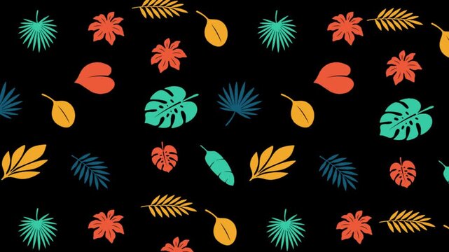 A colorful tropical leaf animation moves diagonally across a black background.
