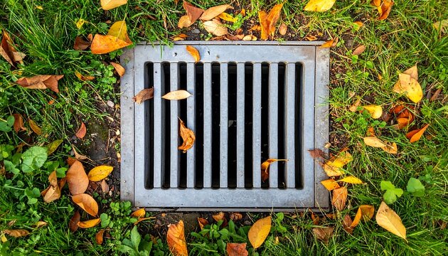 A rectangular metal drain cover sits in grass with scattered fallen leaves