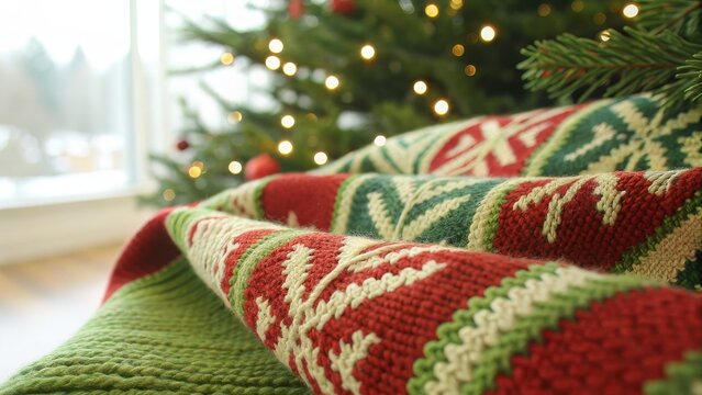 Close-up of a knitted throw blanket featuring a red, white, and green snowflake or Fair Isle Christmas pattern, draped near a brightly lit Christmas tree. Use for holiday decor, knitting blogs