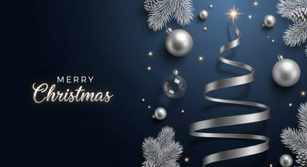 Luxury Christmas Background with Elegant Silver Ornaments, Frosted Pine Branches, and a Ribbon Tree Shape on a Deep Midnight Blue Background, Featuring Stylish "Merry Christmas" Typography