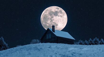 Full moon rising over a rustic wooden cabin covered in snow during a cold winter night, creating a tranquil scene with copy space