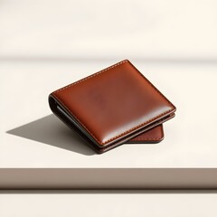 A classic brown leather bi-fold wallet rests on a white surface, casting a soft shadow.