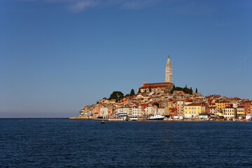 Croatian town of Rovinj with the hilltop church of St. Euphemia, whose towering steeple dominates the skyline