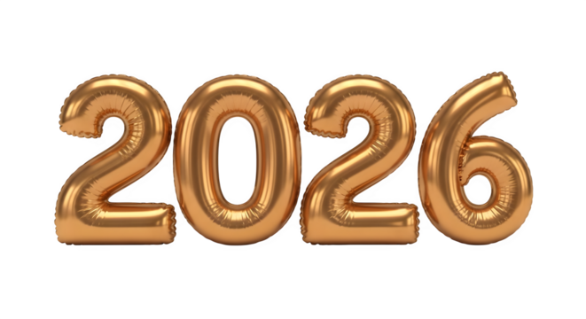 Golden inflatable balloons forming the year 2026, isolated graphic
