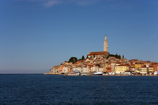 Croatian town of Rovinj with the hilltop church of St. Euphemia, whose towering steeple dominates the skyline