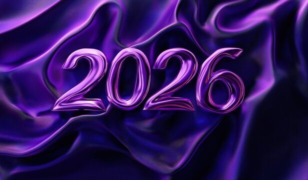 The text 2026 written in purple with flowing liquid metal letters on violet silk fabric background for new year celebration