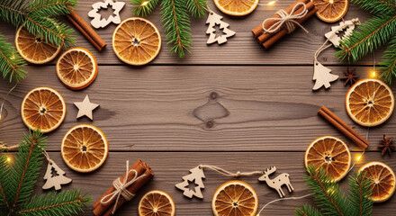 Rustic Christmas Flat Lay Frame on a Dark Wooden Table with Dried Orange Slices, Cinnamon Sticks, Pine Branches, and Handmade Wooden Decorations, Capturing Traditional Cozy Holiday Aromas