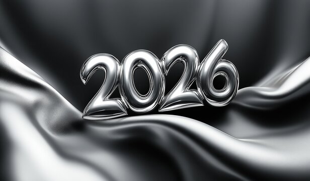 3D 2026 text in silver chrome metallic color on a black background with silk fabric texture