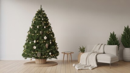 Minimalist Christmas Tree with Cozy Chair and Blanket: Perfect for Holiday Mockup