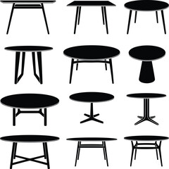 Collection of modern table vector silhouettes, round and rectangular shapes, black and white isolated designs, perfect for furniture , interior design, architectural plans, cad drawing flat vector