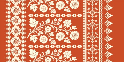 floral pattern vintage ethnic modern embroidery  flower motif branches leaves wallpaper seamless background border.   © Thitichot