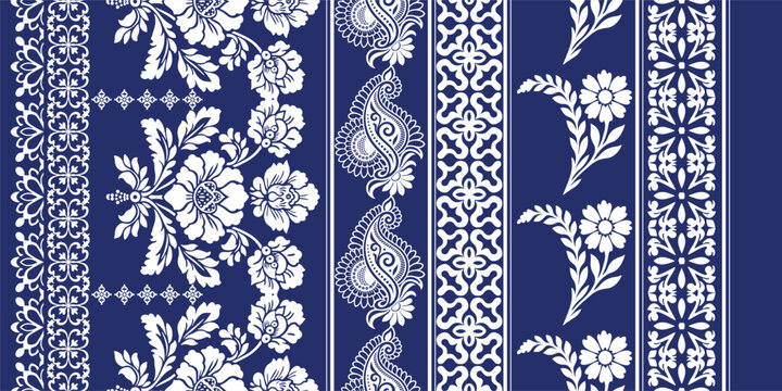 floral pattern vintage ethnic modern embroidery  flower motif branches leaves wallpaper seamless background border.	
