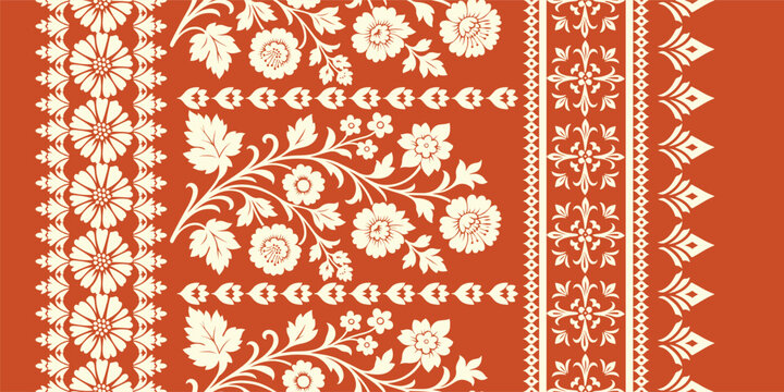 floral pattern vintage ethnic modern embroidery  flower motif branches leaves wallpaper seamless background border.	
