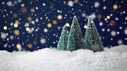 Three small evergreen trees standing in fresh snow with a blurred dark background showing golden bokeh lights and falling snow