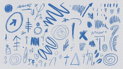 Variety of Random Hand-Drawn Doodles on Graph Paper; Blue Pen Sketch Collection
